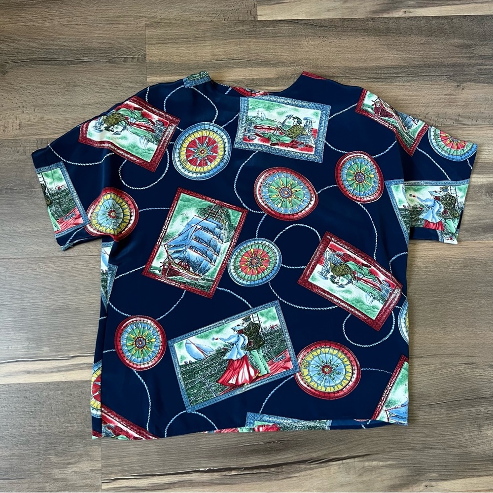 Vintage Martinique Women's Navy Blue Nautical Short Sleeve Blouse Size Large